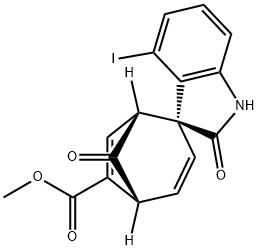 Spiro[bicyclo[3.2.1]octa-3,6-diene-2,3'-[3H]indole]-6-羧酸, 1',2'-二氢-4'-碘-2',8-二氧代-, 甲酯, (1R,2S,5R)- 结构式