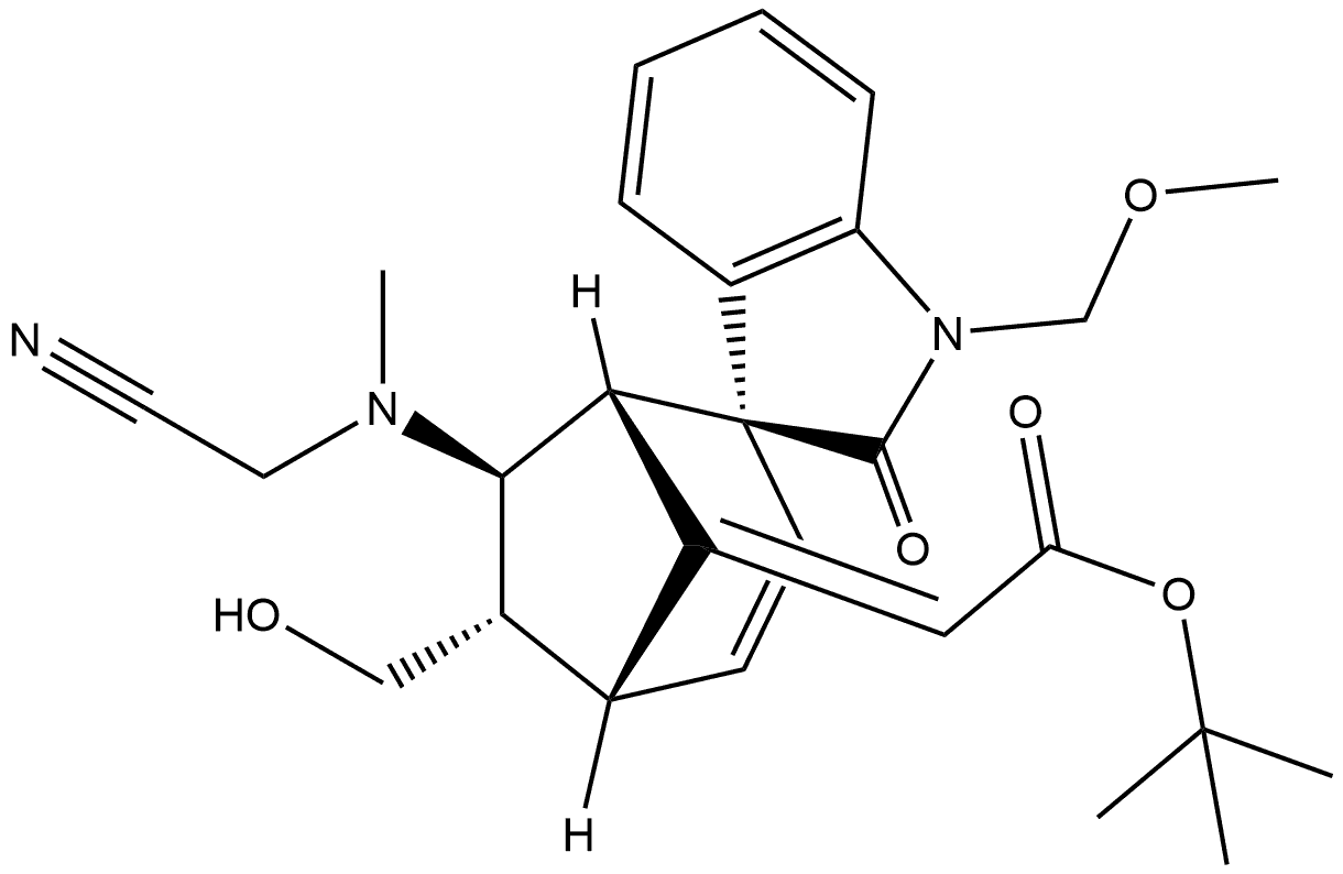 Acetic acid, 2-[(1S,2S,5R,6S,7S)-7-[(cyanomethyl)methylamino]-1',2'-dihydro-6-(hydroxymethyl)-1'-(methoxymethyl)-2'-oxospiro[bicyclo[3.2.1]oct-3-ene-2,3'-[3H]indol]-8-ylidene]-, 1,1-dimethylethyl ester, (2Z)- 结构式