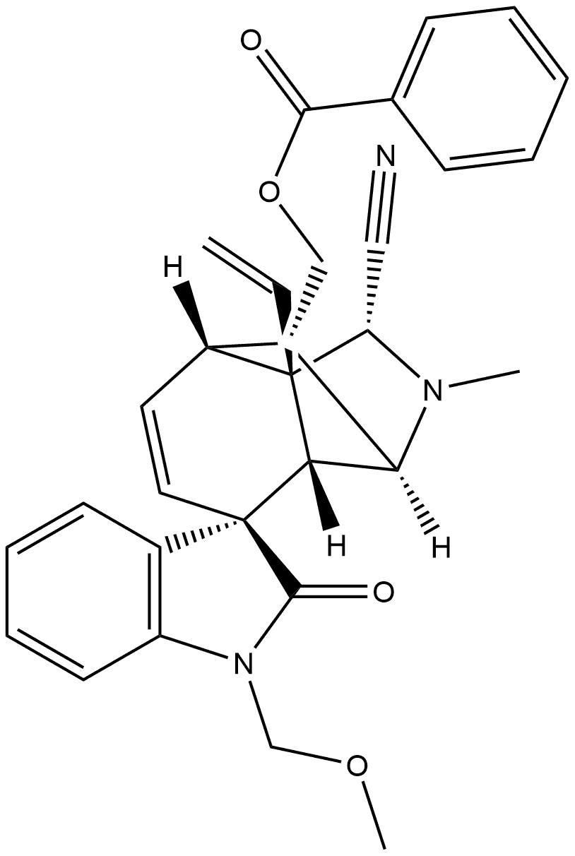 Spiro[3H-indole-3,4'-[3,7]methano[4H]isoindole]-1'-carbonitrile, 8'-[(benzoyloxy)methyl]-7'a-ethenyl-1,1',2,2',3',3'a,7',7'a-octahydro-1-(methoxymethyl)-2'-methyl-2-oxo-, (1'R,3S,3'S,3'aS,7'R,7'aS,8'S)- 结构式