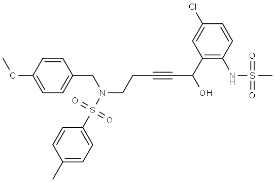 Benzenesulfonamide, N-[5-[5-chloro-2-[(methylsulfonyl)amino]phenyl]-5-hydroxy-3-pentyn-1-yl]-N-[(4-methoxyphenyl)methyl]-4-methyl- 结构式