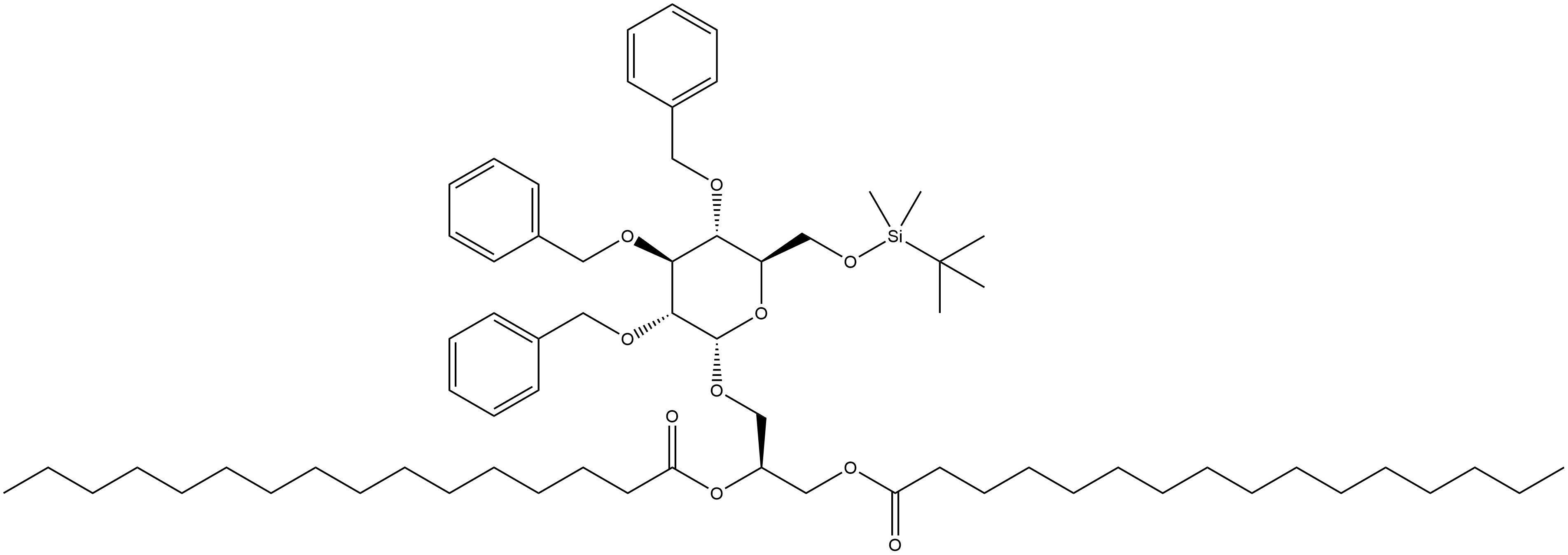 α-D-Glucopyranoside, 2,3-bis[(1-oxohexadecyl)oxy]propyl 6-O-[(1,1-dimethylethyl)dimethylsilyl]-2,3,4-tris-O-(phenylmethyl)-, (S)- (9CI) 结构式