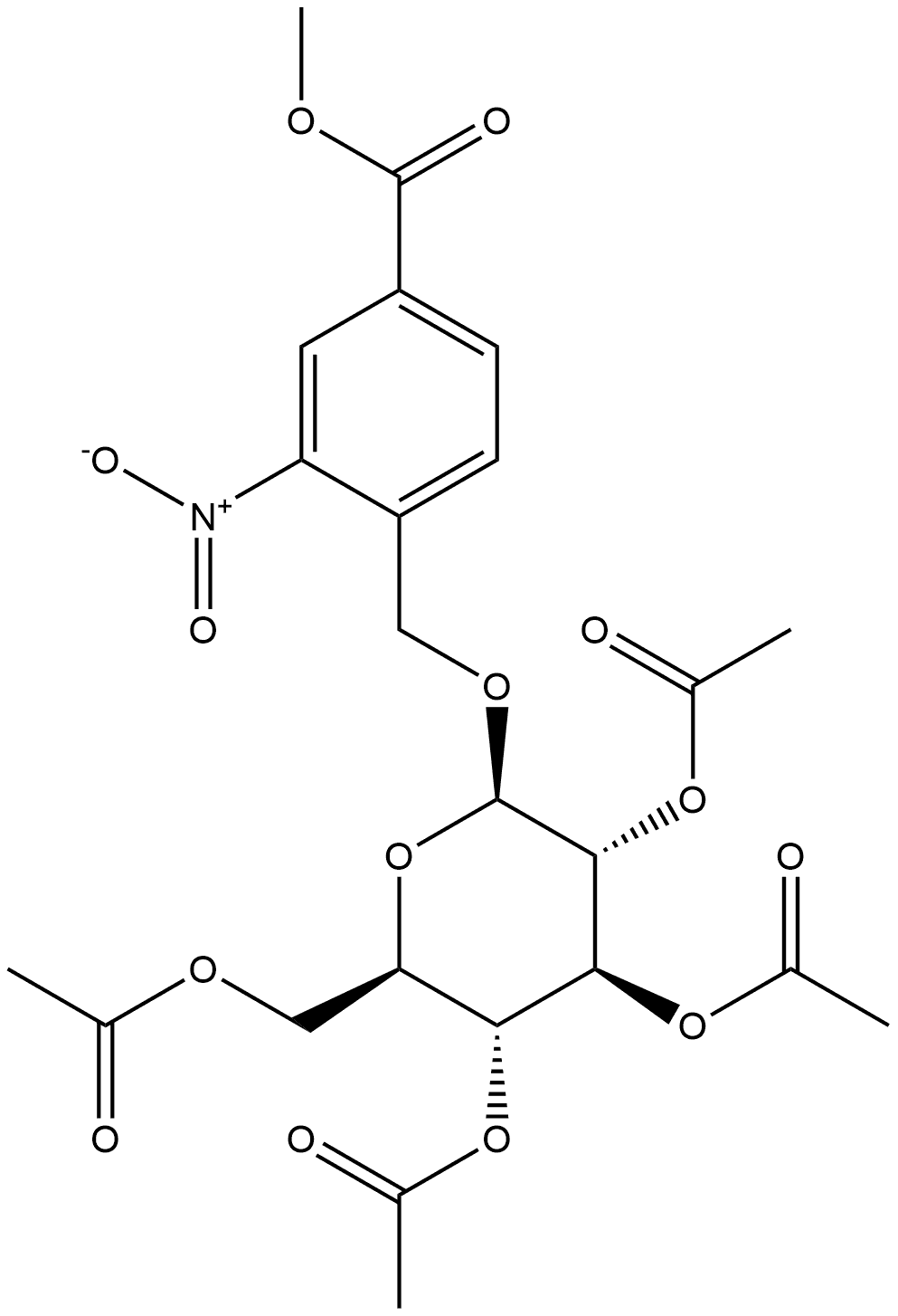 3-硝基-4-[[(2,3,4,6-四-O-乙酰基-β-D-吡喃葡萄糖基)氧]甲基]苯甲酸甲酯 结构式