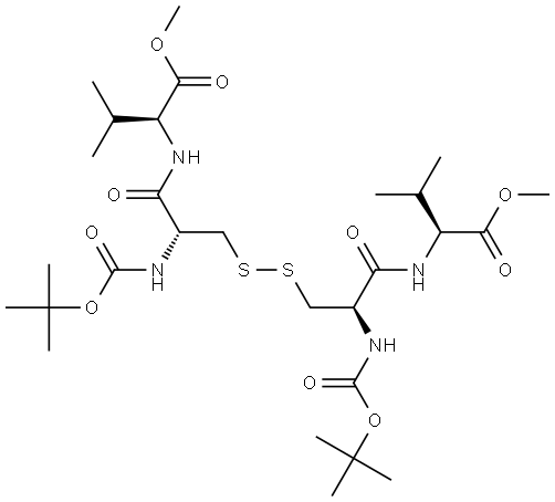 L-Valine, N-[(1,1-dimethylethoxy)carbonyl]-L-cysteinyl-, methyl ester, bimol. (1→1′)-disulfide 结构式