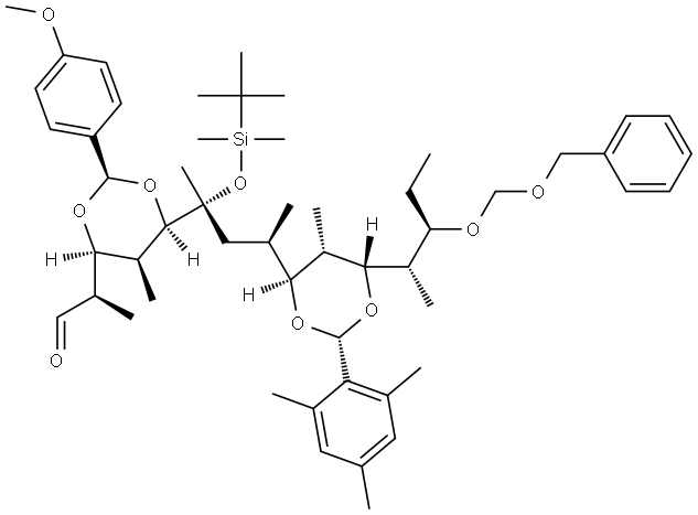 D-lyxo-D-gluco-L-ido-Pentadecose, 2,4,7,8,10,12,14,15-octadeoxy-6-O-[(1,1-dimethylethyl)dimethylsilyl]-3,5-O-[(R)-(4-methoxyphenyl)methylene]-2,4,8,10,12-pentamethyl-6-C-methyl-13-O-[(phenylmethoxy)methyl]-9,11-O-[(R)-(2,4,6-trimethylphenyl)methylene]- 结构式
