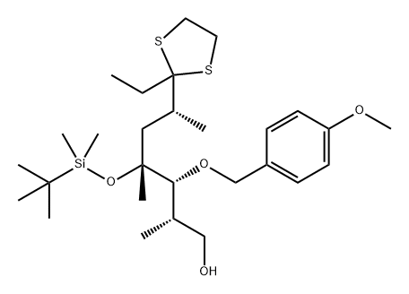 L-Arabinitol, 2,5-dideoxy-4-O-[(1,1-dimethylethyl)dimethylsilyl]-4-C-[(2R)-2-(2-ethyl-1,3-dithiolan-2-yl)propyl]-3-O-[(4-methoxyphenyl)methyl]-2-methyl- 结构式