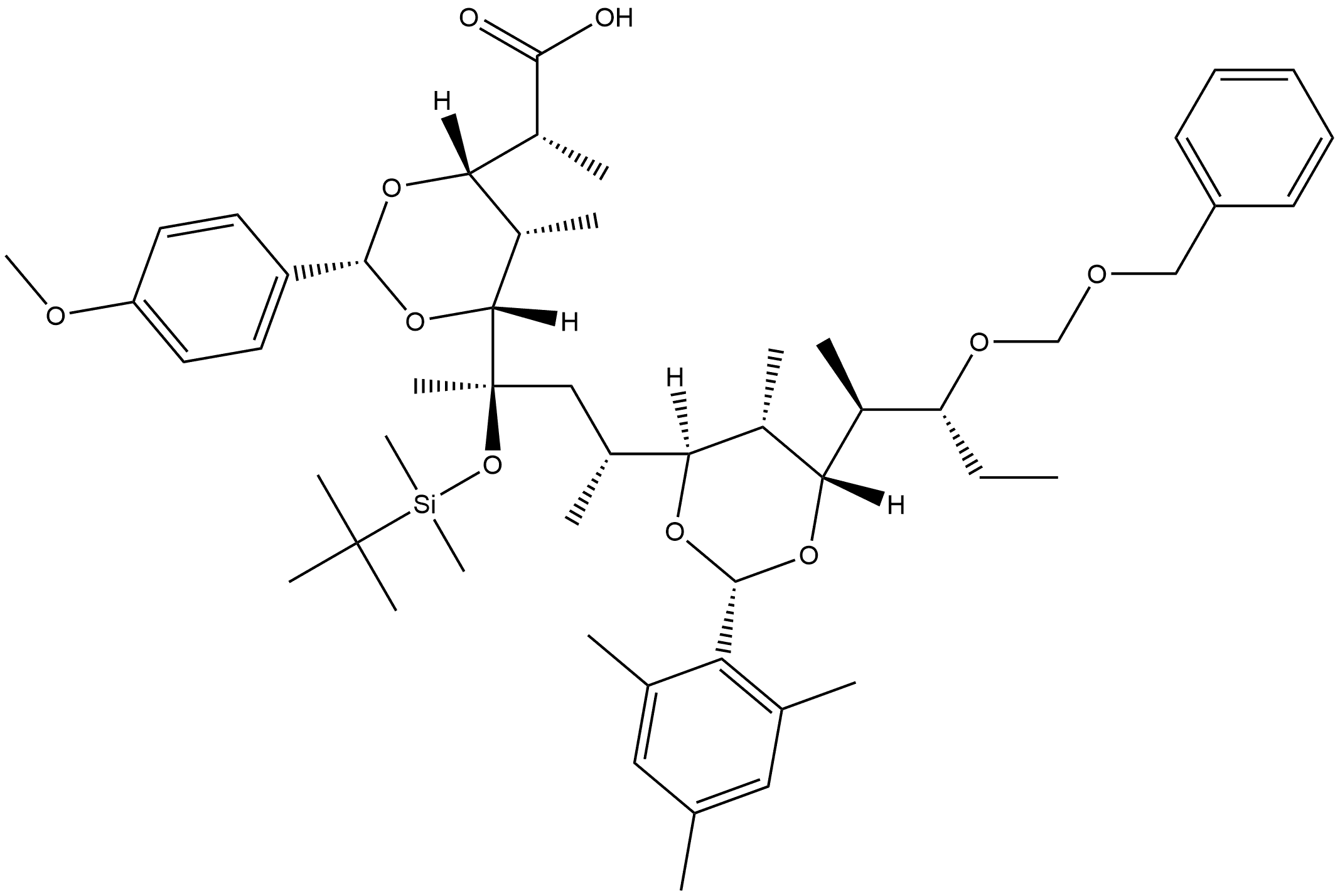 D-lyxo-D-gluco-L-ido-Pentadeconic acid, 2,4,7,8,10,12,14,15-octadeoxy-6-O-[(1,1-dimethylethyl)dimethylsilyl]-3,5-O-[(R)-(4-methoxyphenyl)methylene]-2,4,8,10,12-pentamethyl-6-C-methyl-13-O-[(phenylmethoxy)methyl]-9,11-O-[(R)-(2,4,6-trimethylphenyl)methylene]- 结构式