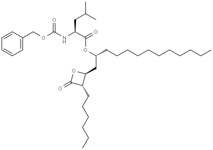 L-Leucine, N-[(phenylmethoxy)carbonyl]-, (1R)-1-[[(2S,3S)-3-hexyl-4-oxo-2-oxetanyl]methyl]dodecyl ester 结构式