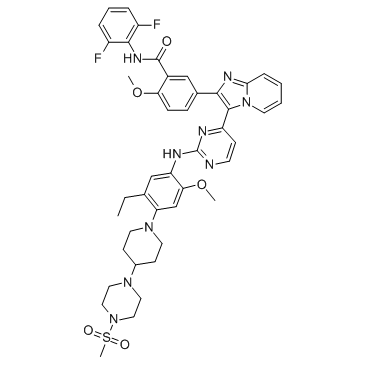 N-(2,6-二氟苯基)-5-[3-[2-[[5-乙基-2-甲氧基-4-[4-[4-(甲基磺酰基)-1-哌嗪基]-1-哌啶基]苯基]氨基]-4-嘧啶基]咪唑并[1,2-A]吡啶-2-基]-2-甲氧基苯甲酰胺 结构式