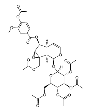 β-D-Glucopyranoside, (1aS,1bS,2S,5aR,6S,6aR)-6-[[4-(acetyloxy)-3-methoxybenzoyl]oxy]-1a-[(acetyloxy)methyl]-1a,1b,2,5a,6,6a-hexahydrooxireno[4,5]cyclopenta[1,2-c]pyran-2-yl, tetraacetate (9CI) 结构式