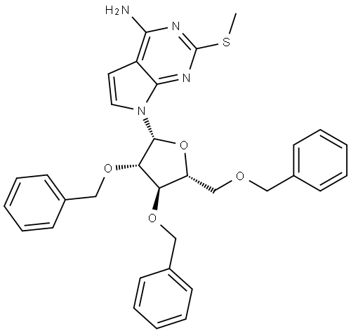 2-(甲硫基)-7-[2,3,5-三-O-(苯基甲基)-β-D-阿拉伯呋喃糖基]-7H-吡咯并[2,3-d]嘧啶-4-胺 结构式