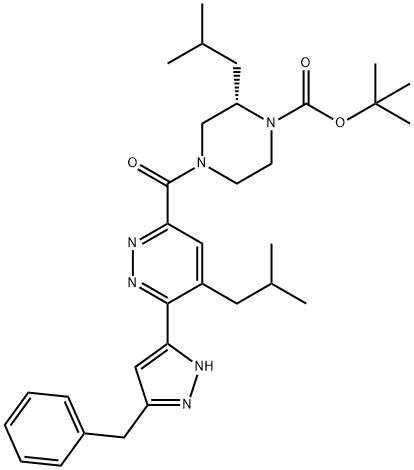 1-Piperazinecarboxylic acid, 2-(2-methylpropyl)-4-[[5-(2-methylpropyl)-6-[3-(phenylmethyl)-1H-pyrazol-5-yl]-3-pyridazinyl]carbonyl]-, 1,1-dimethylethyl ester, (2S)- 结构式