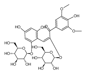 (E)-3-(2,4-二羟基-6-(((2S,3R,4S,5S,6R)-3,4,5-三羟基-6-(羟甲基)四氢-2H-吡喃-2-基)氧基)苯基)-1-(4-羟基-3,5-二甲氧基苯基)-2-(((2S,3R,4S,5S,6R)-3,4,5-三羟基-6-(羟甲基)四氢-2H-吡喃-2-基)氧基)丙-2-烯-1-酮 结构式
