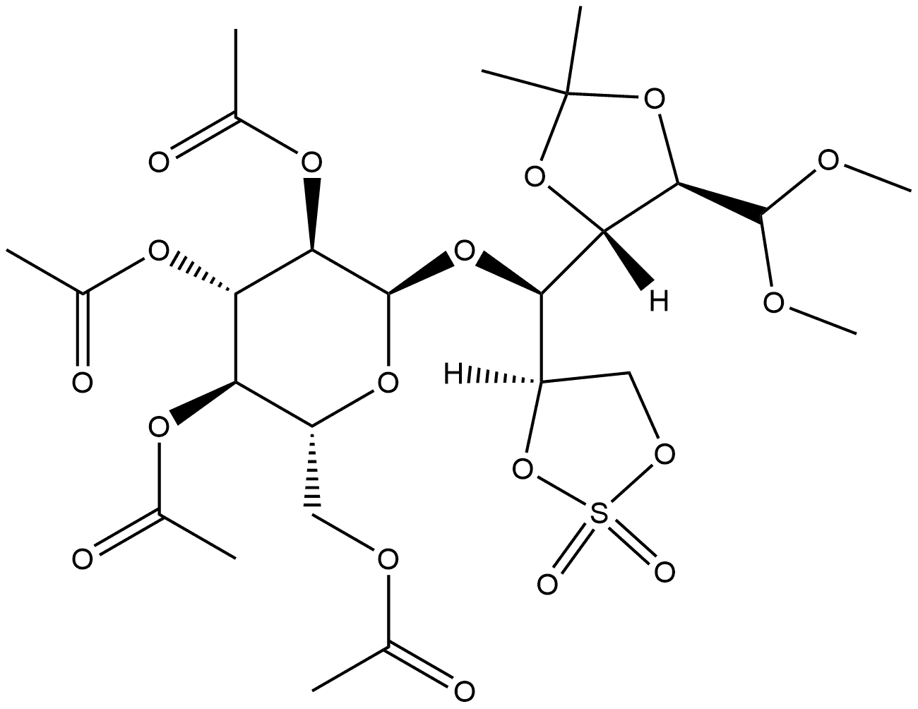 D-葡萄糖 2,3-O-(1-甲基亚乙基)-4-O-(2,3,4,6-四-O-乙酰基-α-D-吡喃葡萄糖基)-1-(二甲基乙缩醛) 环硫酸酯 结构式