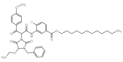 alpha-(4-甲氧基苯甲酰基)-alpha-(1-苄基-5-乙氧基海因)-2-氯-5-十二烷氧基羰基乙酰苯胺 结构式