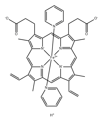 Ferrate(1-), [7,12-diethenyl-3,8,13,17-tetramethyl-21H,23H-porphine-2,18-dipropanoato(4-)-N21,N22,N23,N24]bis(pyridine)-, dihydrogen, (OC-6-23)- (9CI) 结构式