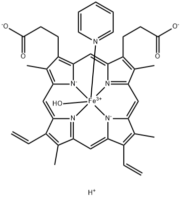 Ferrate(1-), aqua[7,12-diethenyl-3,8,13,17-tetramethyl-21H,23H-porphine-2,18-dipropanoato(4-)-N21,N22,N23,N24](pyridine)-, dihydrogen, (OC-6-43)- (9CI) 结构式