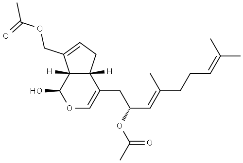 Cyclopenta[c]pyran-4-ethanol, 7-[(acetyloxy)methyl]-α-(2,6-dimethyl-1,5-heptadienyl)-1,4a,5,7a-tetrahydro-1-hydroxy-, α-acetate, [1R-[1α,4[R*(E)],4aα,7aα]]- (9CI) 结构式