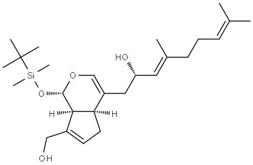 Cyclopenta[c]pyran-4-ethanol, 1-[[(1,1-dimethylethyl)dimethylsilyl]oxy]-α-(2,6-dimethyl-1,5-heptadienyl)-1,4a,5,7a-tetrahydro-7-(hydroxymethyl)-, [1S-[1α,4[R*(E)],4aα,7aα]]- (9CI) 结构式