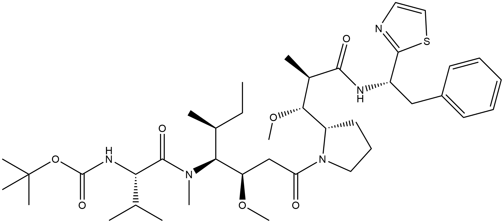 N-[(1S)-1-[[[(1S,2R)-2-甲氧基-4-[(2S)-2-[(1R,2R)-1-甲氧基-2-甲基-3-氧代-3-[[(1S)-2-苯基-1-(2-噻唑基)乙基]氨基]丙基]-1-吡咯烷基]-1-[(1S)-1-甲基丙基]-4-氧丁基]甲氨基]羰基]-2-甲基丙基]-氨基甲酸 1,1-二甲基乙酯 结构式
