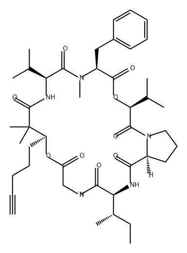 1H,9H-Pyrrolo[2,1-i][1,13,4,7,10,16,19]dioxapentaazacyclodocosine-1,4,7,11,14,17,20(10H,19H)-heptone, dodecahydro-10,10,15-trimethyl-13,19-bis(1-methylethyl)-3-[(1S)-1-methylpropyl]-9-(4-pentyn-1-yl)-16-(phenylmethyl)-, (3S,9S,13S,16S,19S,24aS)- 结构式