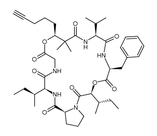 1H,9H-Pyrrolo[2,1-i][1,13,4,7,10,16,19]dioxapentaazacyclodocosine-1,4,7,11,14,17,20(10H,19H)-heptone, dodecahydro-10,10-dimethyl-13-(1-methylethyl)-3,19-bis[(1S)-1-methylpropyl]-9-(4-pentyn-1-yl)-16-(phenylmethyl)-, (3S,9S,13S,16S,19S,24aS)- 结构式
