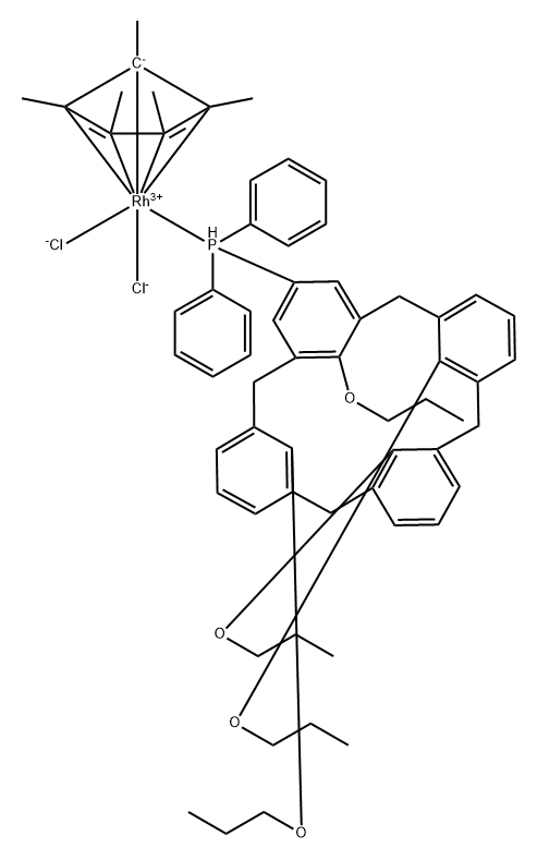 二氯[二苯基(25,26,27,28-四丙氧基五环[19.3.1.1³,⁷.1⁹,¹³.1¹⁵,¹⁹]二十八碳-1(25),3,5,7(28),9,11,13(27),15,17,19(26),21,23-十二烯-5-基)膦-κP][(1,2,3,4,5-η)-1,2,3,4,5-五甲基-2,4-环戊二烯-1-基]合铑 结构式