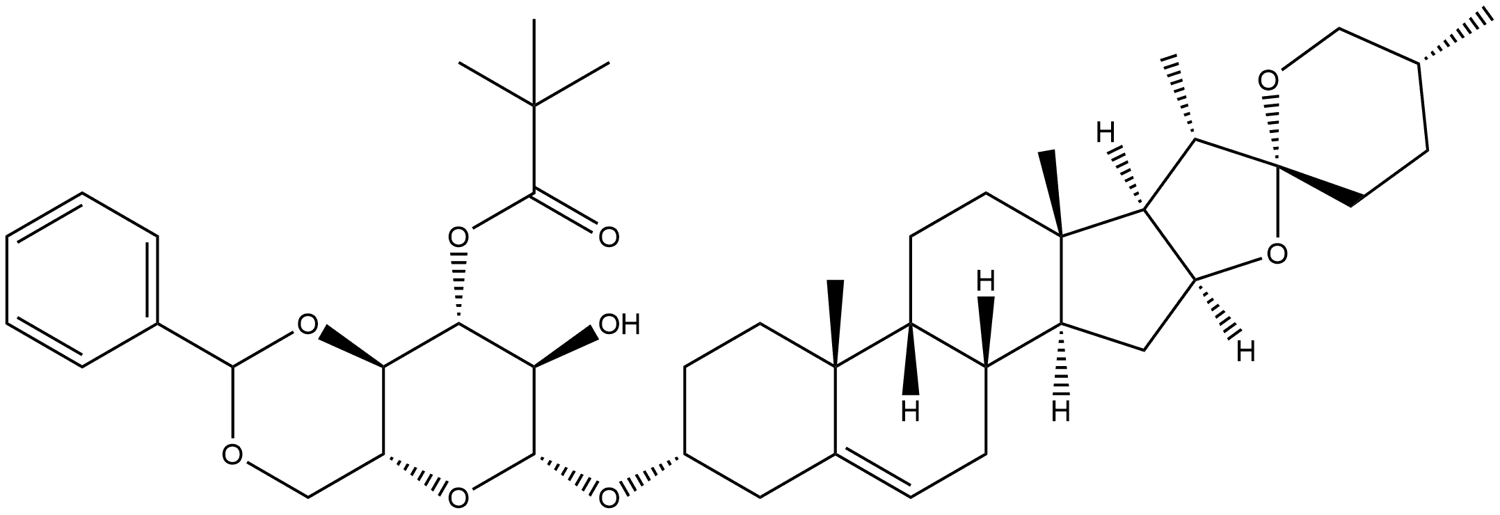 β-D-Glucopyranoside, (3β,25R)-spirost-5-en-3-yl 4,6-O-[(R)-phenylmethylene]-, 3-(2,2-dimethylpropanoate) 结构式
