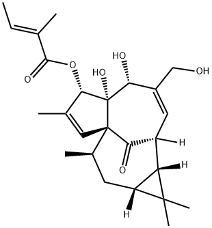 2-甲基-2-丁烯酸-(1aR,2S,5R,5aS,6S,8aS,9R,10aR)-1a,2,5,5a,6,9,10,10a-八氢-5,5a-二羟基-4-(羟甲基)-1,1,7,9-四甲基-11-氧代-1H-2,8a-甲撑环戊并[a]环丙并[e]环癸烯-6-基酯,(2E) 结构式