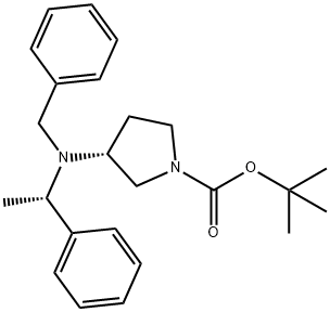 1-Pyrrolidinecarboxylic acid, 3-[[(1S)-1-phenylethyl](phenylmethyl)amino]-, 1,1-dimethylethyl ester, (3R)- 结构式