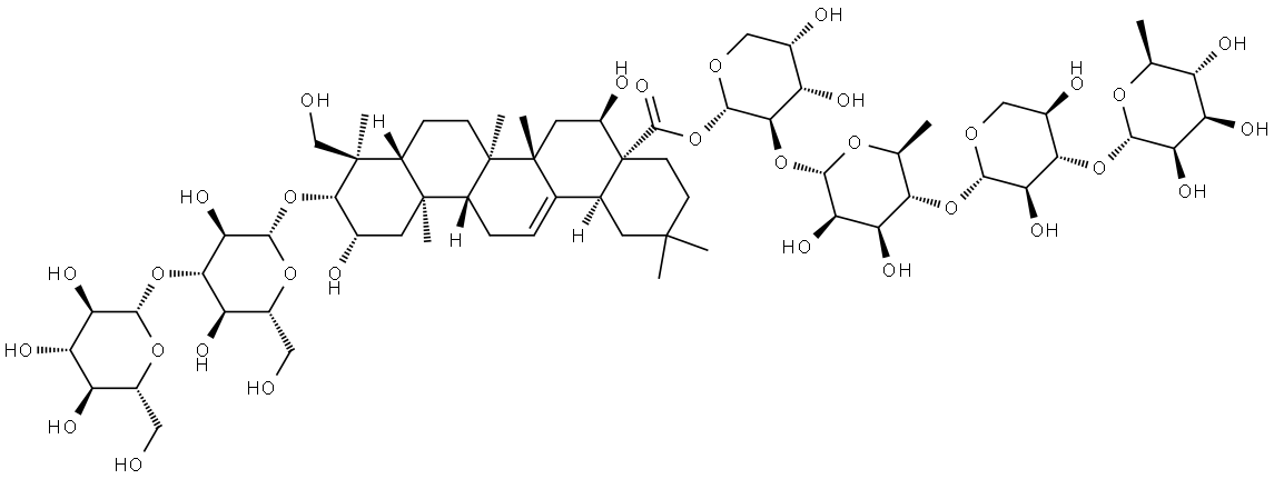 Olean-12-en-28-oic acid, 3-[(3-O-β-D-glucopyranosyl-β-D-glucopyranosyl)oxy]-2,16,23-trihydroxy-, O-6-deoxy-α-L-mannopyranosyl-(1→3)-O-β-D-xylopyranosyl-(1→4)-O-6-deoxy-α-L-mannopyranosyl-(1→2)-α-L-arabinopyranosyl ester, (2β,3β,4α,16α)- 结构式