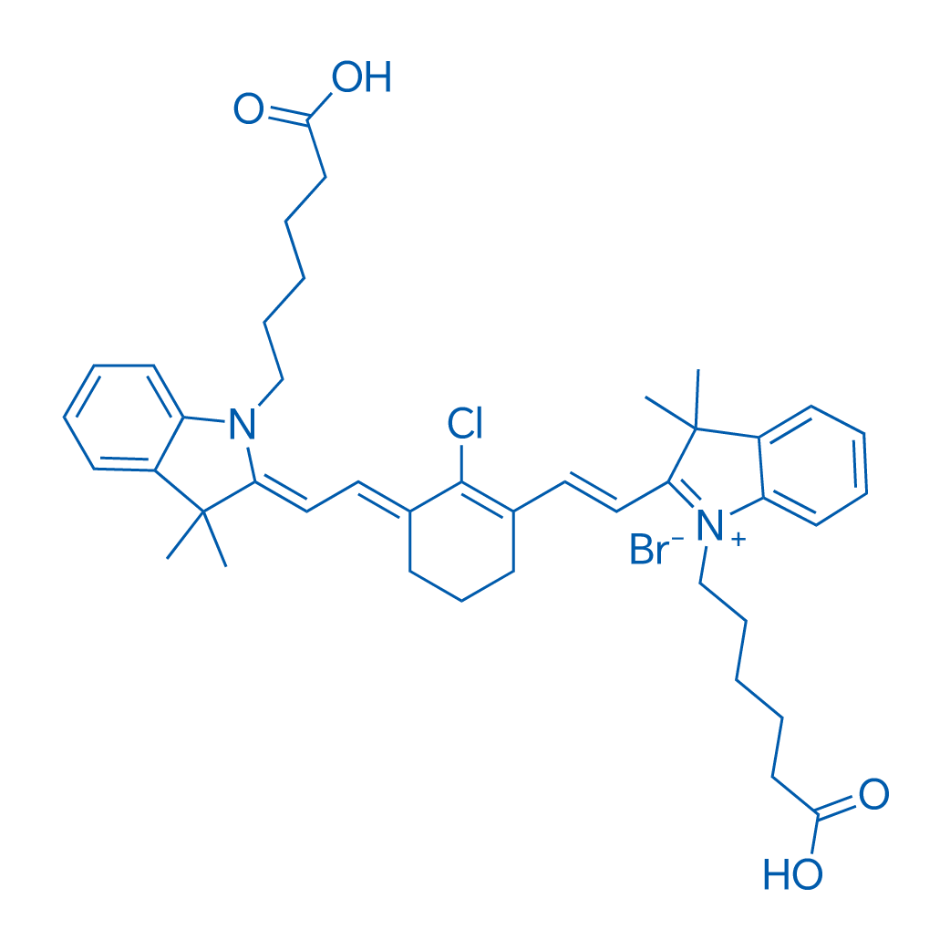 1-(5-羧基戊基)-2-(2-(3-(2-(1-(5-羧基戊基)-3,3-二甲基吲哚啉-2-亚基)亚乙基)-2-氯环己基-1-烯-1-基)乙烯基)-3,3-二甲基-3H-吲哚-1-鎓溴化物 结构式