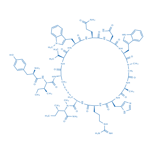 2-((4R,7S,10S,13S,19S,22S,25S,28S,31S,34R)-10-((1H-咪唑-5-基)甲基)-19-((1H-吲哚-3-基)甲基)-34-((2S,3S)-2-((R)-2-氨基-3-(4-羟基苯基)丙酰胺基)-3-甲基戊酰胺基)-4-(((2S,3S)-1-氨基-3-甲基-1-氧代戊-2-基)(甲基)氨基甲酰基)-25-(3-氨基-3-氧代丙基)-7-(3-胍基丙基)-31-异丙基-13,17-二甲基-28-((1-甲基-1H-吲哚-3-基)甲基)-6,9,12,15,18,21,24,27,30,33-十氧代-1,2-二硫杂-5,8,11,14,17,20,23,26,29,32-十氮杂环三十五烷-22-基)乙酸 结构式