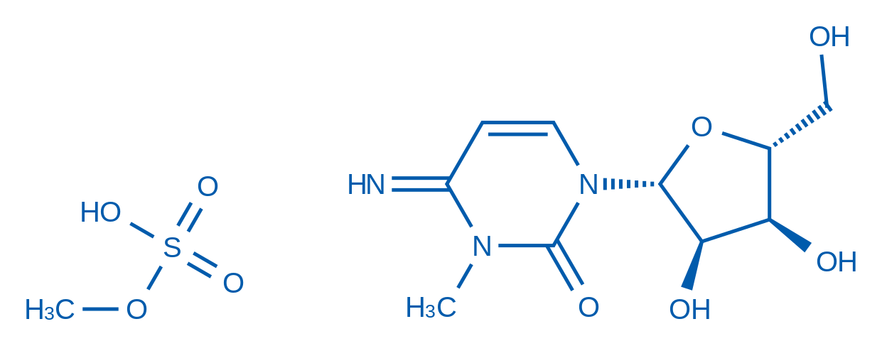 1-((2R,3R,4S,5R)-3,4-二羟基-5-(羟甲基)四氢呋喃-2-基)-4-亚氨基-3-甲基-3,4-二氢嘧啶-2(1H)-酮 甲基硫酸盐 结构式