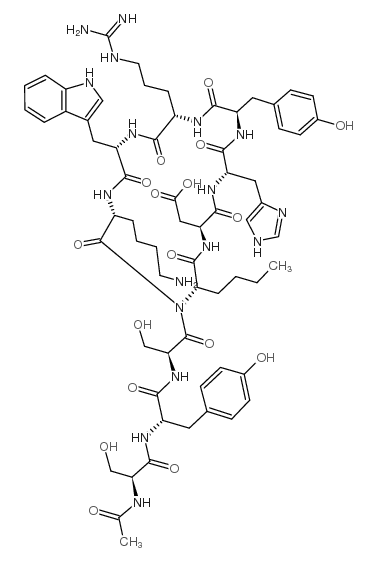乙酰-(正亮氨酸4,天冬氨酸5,D-酪氨酸7,赖氨酸10)-环-α-促黑激素(4-10)酰胺 结构式