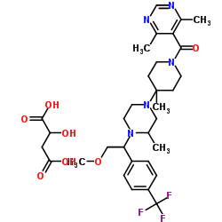 1-[(4,6-二甲基-5-嘧啶基)羰基]-4-[(3S)-4-[(1R)-2-甲氧基-1-[4-(三氟甲基)苯基]乙基]-3-甲基-1-哌嗪基]-4-甲基哌啶苹果酸盐 结构式