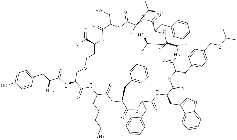 L-Cysteine, L-tyrosyl-L-cysteinyl-L-lysyl-L-phenylalanyl-L-phenylalanyl-D-tryptophyl-4-[[(1-methylethyl)amino]methyl]-L-phenylalanyl-L-threonyl-L-phenylalanyl-L-threonyl-L-seryl-, cyclic (2→12)-disulfide 结构式