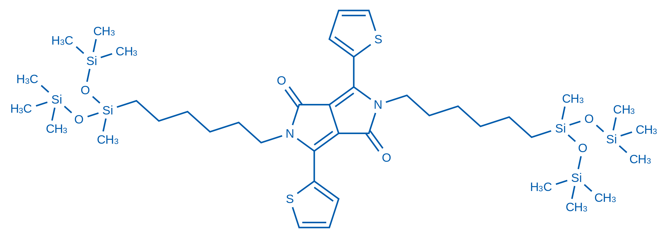 2,5-双(6-(1,1,1,3,5,5,5-七甲基三硅氧烷-3-基)己基)-3,6-二(噻吩-2-基)-2,5-二氢吡咯并[3,4-c]吡咯-1,4-二酮 结构式