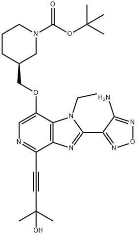 (S)-3-(((2-(4-氨基-1,2,5-恶二唑-3-基)-1-乙基-4-(3-羟基-3-甲基丁-1-炔基)-1H-咪唑并[4,5-c]吡啶-7-基)氧基)甲基)哌啶-1-甲酸叔丁酯 结构式